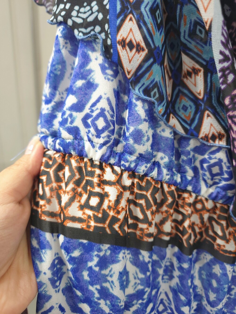CHICOS Boho Off-Shoulder Patchwork Geometric Print Maxi Dress, Size 1, Medium - Picture 7 of 14